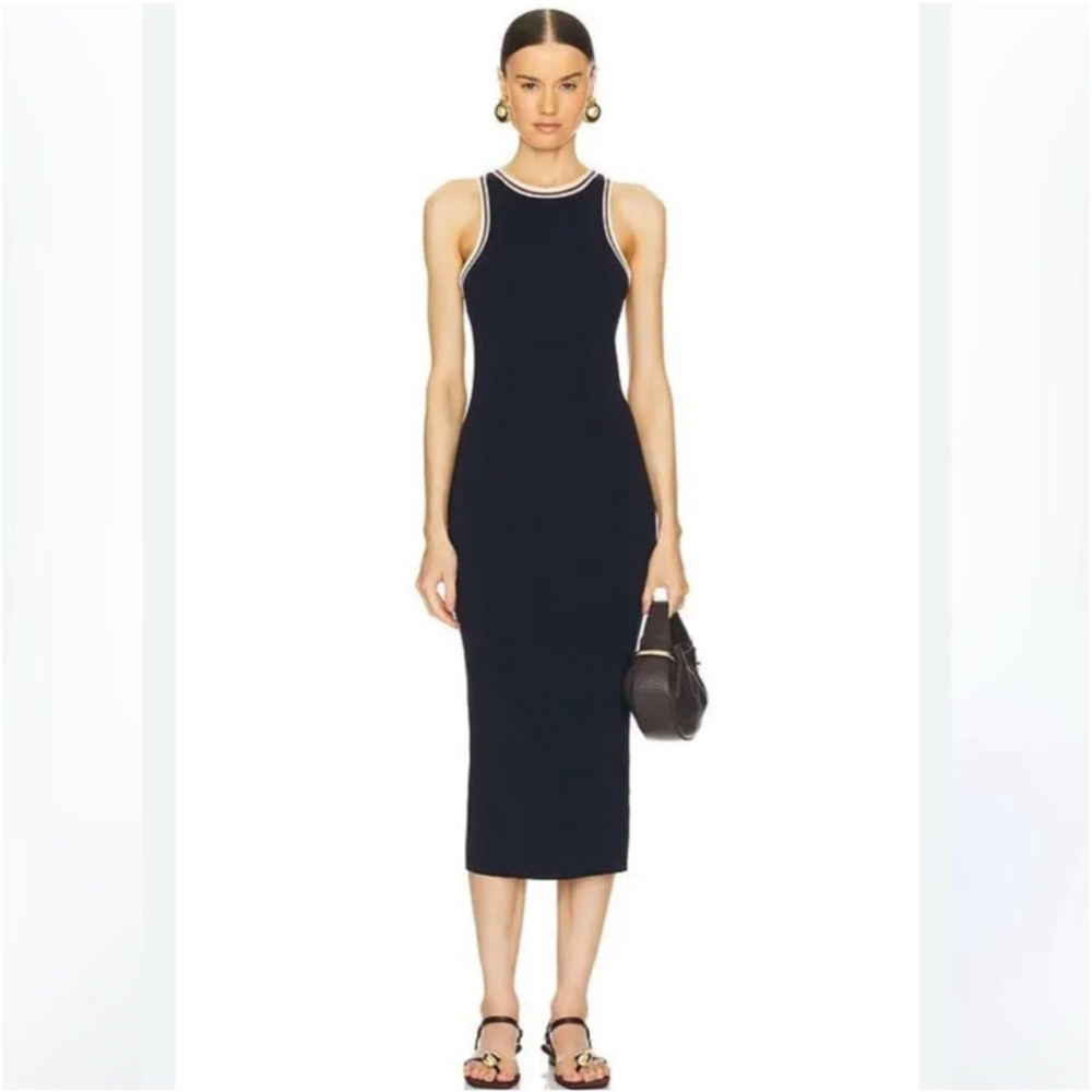 CAROLINE CONSTAS Knit Stretch Midi Dress Black XS Contrast Trim Racerback LKNEW